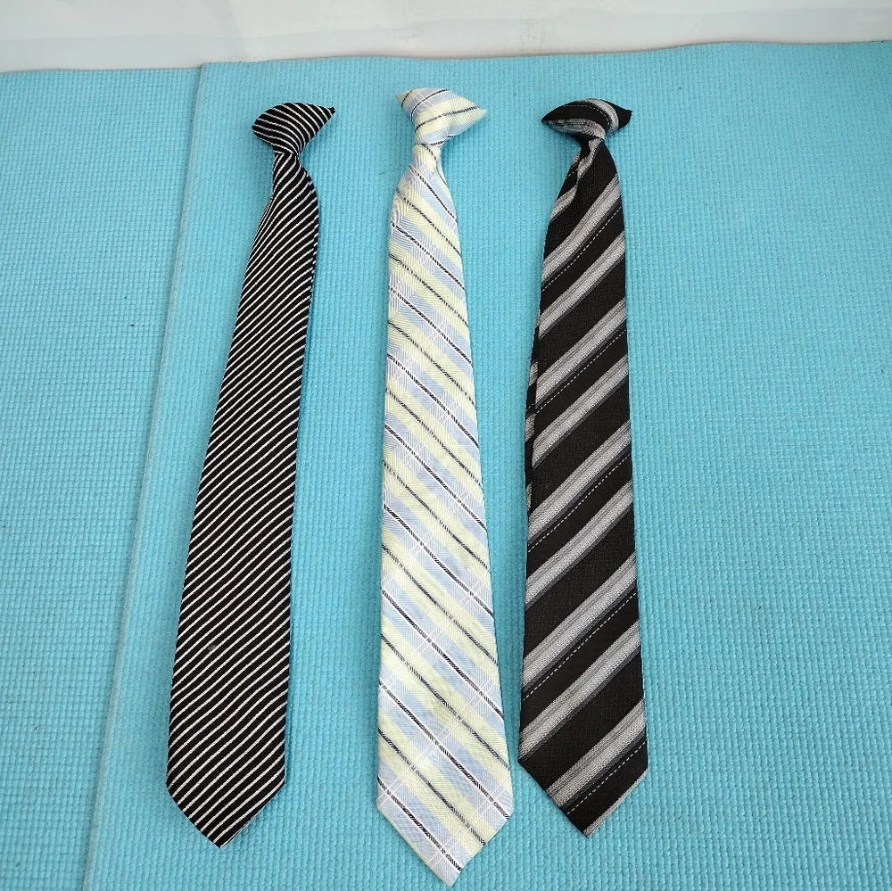 Youth/ Boys Set of 3 Clip On Ties (Black Grey Green/Blue)